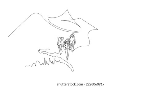 continuous line nature lover. line drawing walking through nature. enjoying nature on vacation, exploring mountains and forests