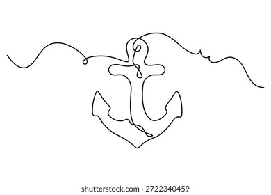Continuous line nautical anchor with curly wave accent, perfect for modern coastal branding, yacht club logos, sailing lifestyle prints, marine wall decor, and ocean inspired minimalist illustration collections