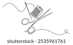 continuous line of needle, thread and scissors.one line drawing of clothing sewing equipment.single line vector illustration of boutique and clothing convection.isolated white background