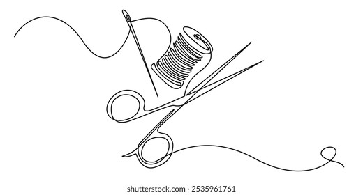 Línea continua de aguja, hilo y tijeras. Dibujo de una línea de equipo de costura de prendas de vestir. Ilustración vectorial de una sola línea de boutique y convección de prendas de vestir. Fondo blanco aislado