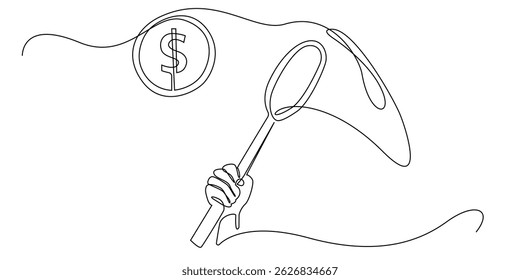 continuous line net with dollar coins.single line catching dollar coins with trap net.single line sign for business.line art vector illustration