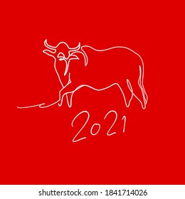 Continuous line, New year 2021 year of the ox. Drawing of set Holiday. (Vector illustration one line drawing)