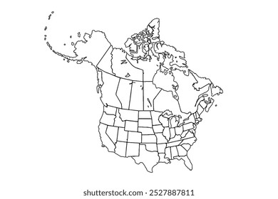 Mapa de línea continua de América del Norte. Mapa en blanco de América del Norte. Ilustración de doodle simple y lineal.