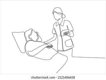 
continuous line of nurse caring for senior patient in care vector illustration