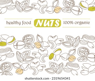 Nueces de línea continuas. Un juego de tuercas de moda, nueces y pistachos, avellanas y cacahuetes dibujados a mano, cajú de contorno. Fondo de pancarta o afiche, diseño de embalaje. Elementos aislados del vector