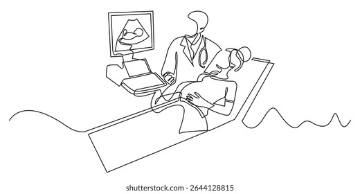 linha contínua de obstetra.médico fazendo exame de gravidez com monitor de ultrassom do bebê.ilustração de linha única.eps 10