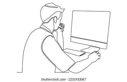 continuous line of office worker concentrated behind computer