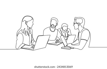 Línea continua de trabajadores de oficina, equipo de negocios, en una reunión de negocios con portátiles. Una línea ilustración vectorial