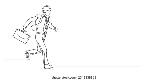 continuous line of office workers running with bags.chasing target.afraid of being late for work.single line isolated white background