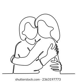 continuous line Old grandmother hugging happy adult daughter