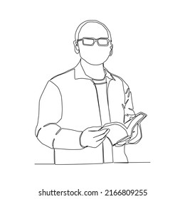 Continuous line of old man with glasses opening the book vector.