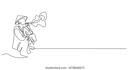 continuous line old man smoking.one line drawing portrait of asian farmer with hat and smoking.single line vector illustration.isolated white background