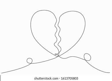 Continuous line or one line art of Broken heart. Sadness. Feeling sorry for broken love. Vector illustration.