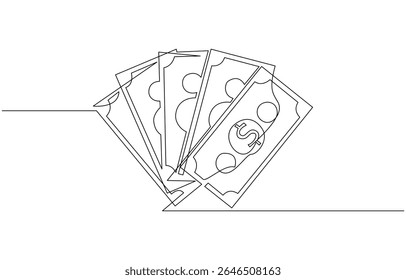 Continuous line, one banknote with dollar symbol in the center, money, financial business illustration, continuous one line art of outline vector drawing.