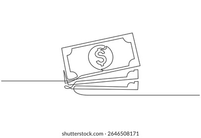 Continuous line, one banknote with dollar symbol in the center, money, financial business illustration, continuous one line art of outline vector drawing.