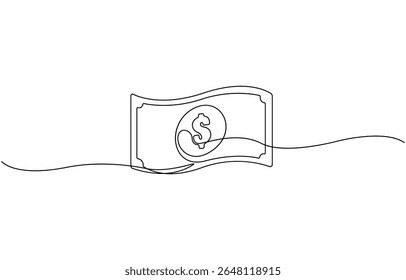 Continuous line, one banknote with dollar symbol in the center, money, financial business illustration, Minimal hand drawn line vector white background editable stroke.