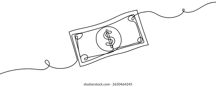 Continuous line, one banknote with dollar symbol in the center, money, financial business illustration. Minimal hand drawn line vector cut out background.