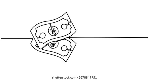 Línea continua, un billete con el símbolo del dólar en el centro, dinero, ilustración del negocio financiero. Dibujo continuo de una sola línea de papel de dinero. Esquema editable