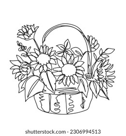 continuous line one line basket sunflower flower bush hand drawn illustration vector