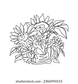 línea continua una línea cesta cesta girasol arbusto de la mano ilustración vector