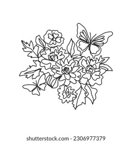continuous line one line bouquet flower bush butterfly flora nature valentine hand drawn illustration vector
