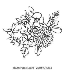 continuous line one line bouquet flower bush butterfly flora nature valentine hand drawn illustration vector