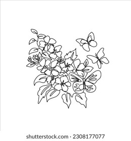 Stetigförderer-Einzeilenblütenstrasse Schmetterling Flora Natur Valentinhandgezeichnet Vektorgrafik
