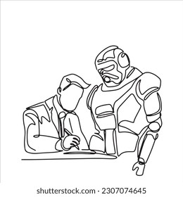 continuous line one line businessman consult robot ai brain modern technology vector illustration hand drawn