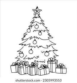 continuous line one line christmas tree star decorated with presents beside christmas hand drawn illustration vector