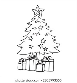 línea continua línea una línea estrella de árbol de navidad decorada con regalos al lado de navidad ilustración dibujada a mano vector