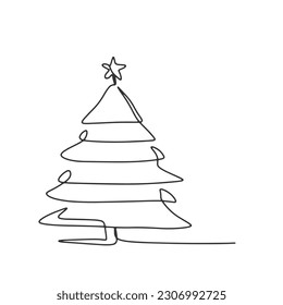 continuous line one line Christmas tree star decorated with presents beside Christmas hand drawn illustration vector