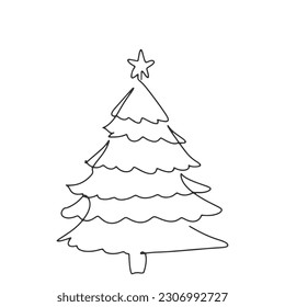 continuous line one line Christmas tree star decorated with presents beside Christmas hand drawn illustration vector