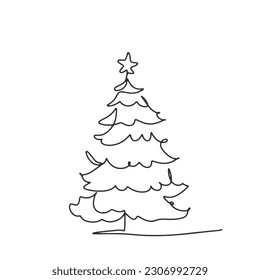 continuous line one line Christmas tree star decorated with presents beside Christmas hand drawn illustration vector