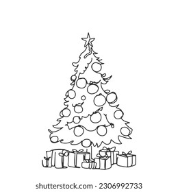 continuous line one line Christmas tree star decorated with presents beside Christmas hand drawn illustration vector