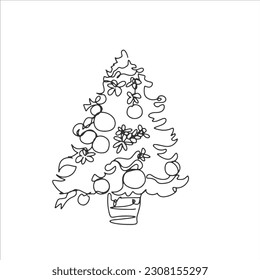 continuous line one line christmas tree star decorated with presents beside christmas hand drawn illustration vector