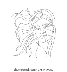 Continuous line, one line, drawing of face and hairstyle, fashion concept, woman beauty minimalist, vector stock illustration for t-shirt, slogan design print graphics style