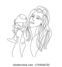 Continuous line, one line, drawing of face and hairstyle, fashion concept, woman with glass of wine, beauty minimalist, vector stock illustration for t-shirt, slogan design print graphics style