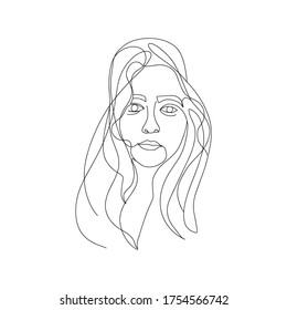 Continuous line, one line, drawing of face and hairstyle, fashion concept, woman beauty minimalist, vector stock illustration for t-shirt, slogan design print graphics style