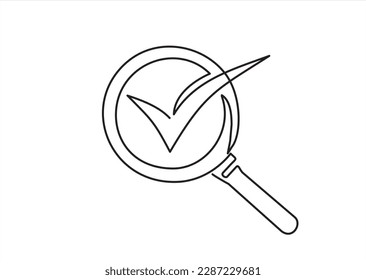 Continuous line one drawing of magnifying glass with check mark inside. Organization management concept