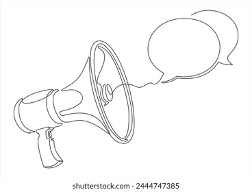 	
Continuous line one drawing of Speech bubble with megaphone. Vector illustration on white isolated background. Bullhorn speaker business concept.