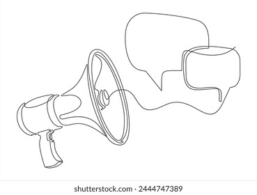 	
Continuous line one drawing of Speech bubble with megaphone. Vector illustration on white isolated background. Bullhorn speaker business concept.