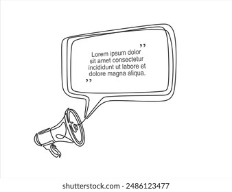 Continuous line one drawing of Speech bubble with megaphone. Vector illustration on white isolated background. Bullhorn speaker business concept.