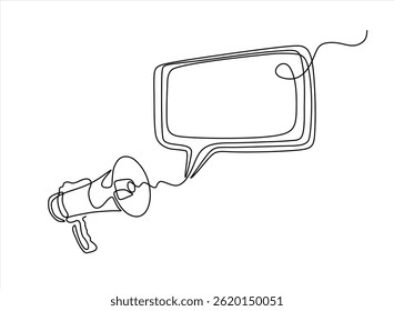 Dibujo de línea continua uno de la burbuja de voz con megáfono. Ilustración vectorial sobre fondo aislado blanco. Concepto de negocio de altavoces Bullhorn. Trazo editable. 