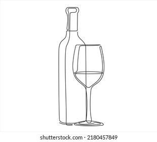 Continuous line one drawing of wine bottle with wineglass. Vector illustration.