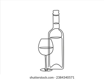 Continuous line one drawing of wine bottle with wineglass. Vector illustration.