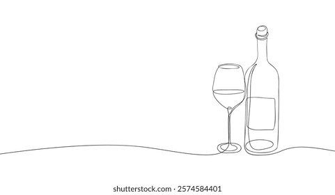 Continuous line one drawing of wine bottle with wineglass. Minimalist linear sketch of alcohol drink in glass and bottle. Vector outline illustration.