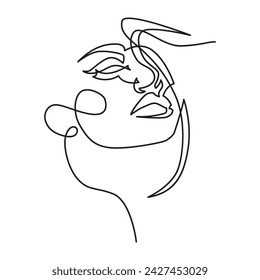Continuous line or one line drawing of a woman's face with a hat. Vector illustration.