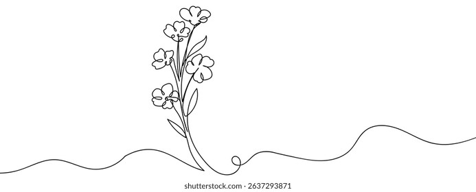 Continuous line, one flower Line Art Vector Transparent Background.