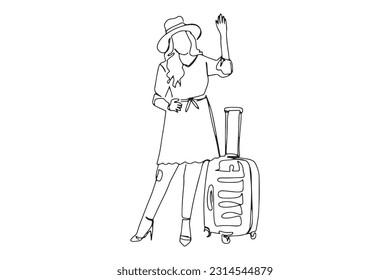 continuous line, one line
girl preparing to travel stand next to the suitcase
travel concept vacation
hand drawn illustration vector