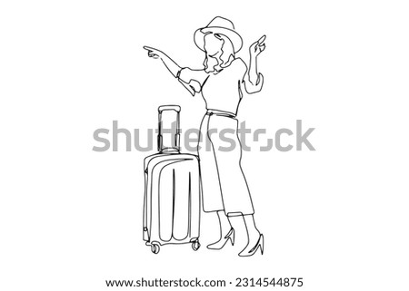 continuous line, one line
girl preparing to travel stand next to the suitcase
travel concept vacation
hand drawn illustration vector